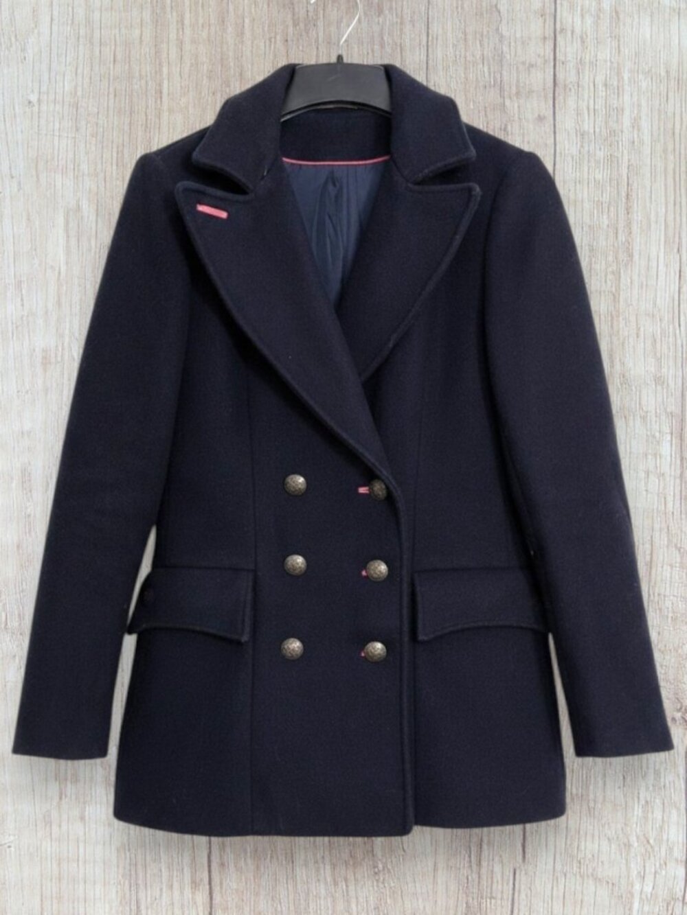 Free People Navy Wool Blend Military Peacoat Double Breasted Crest Buttons S